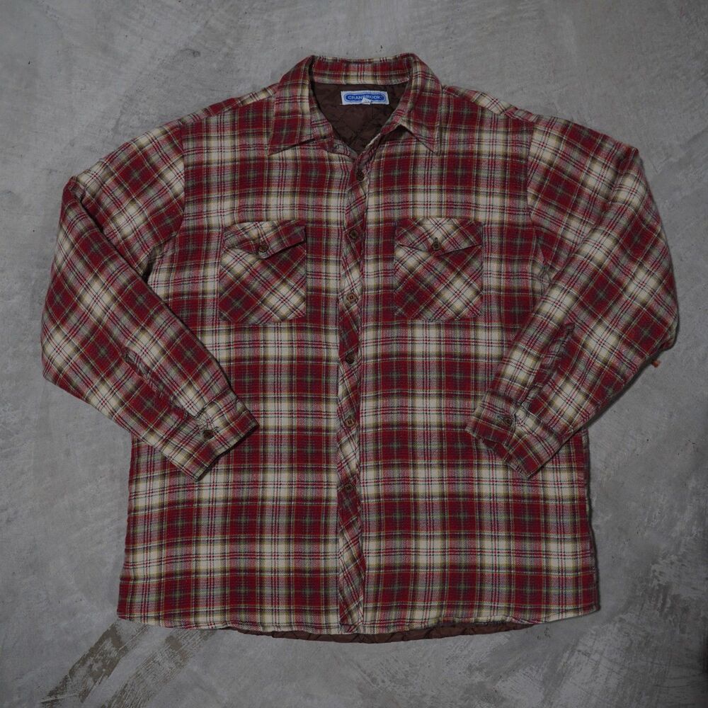90s Cranbrook Quilted Flannel Shirt Jacket Mens XL Red Plaid Lined Shacket